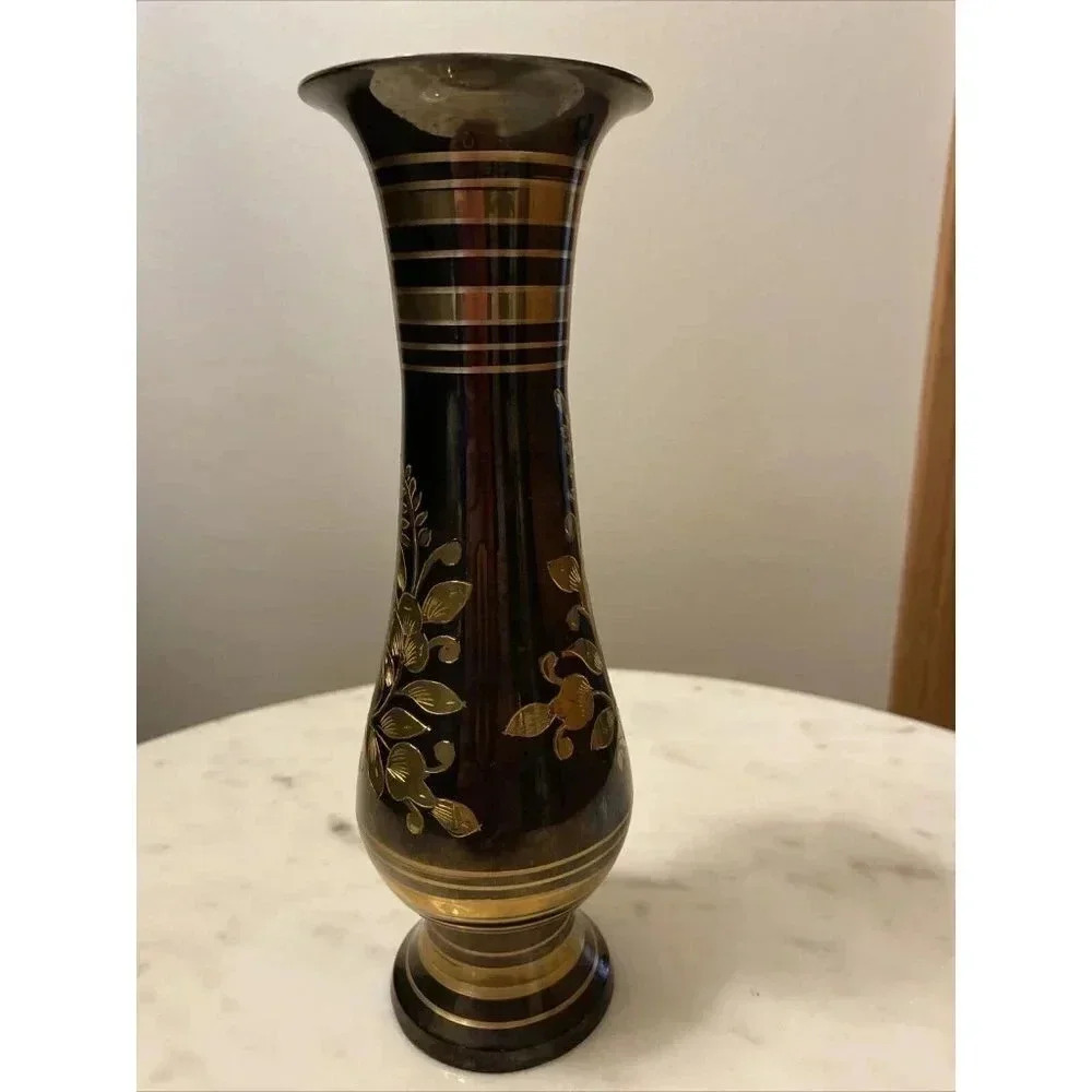 Vintage Solid Etched Brass Handmade Black & Gold Made In India 7.5” Vase - Picture 4 of 6